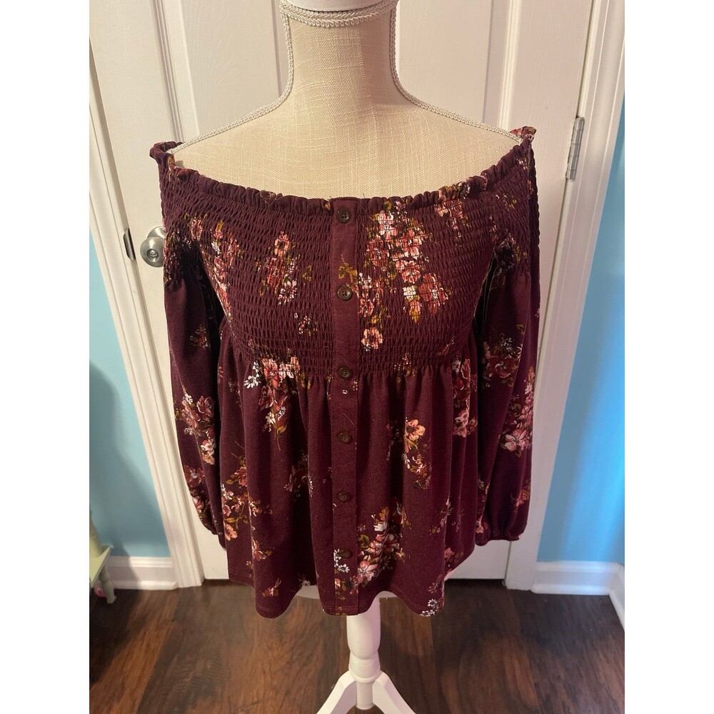 Xhilaration Burgundy Floral Blouse Size M